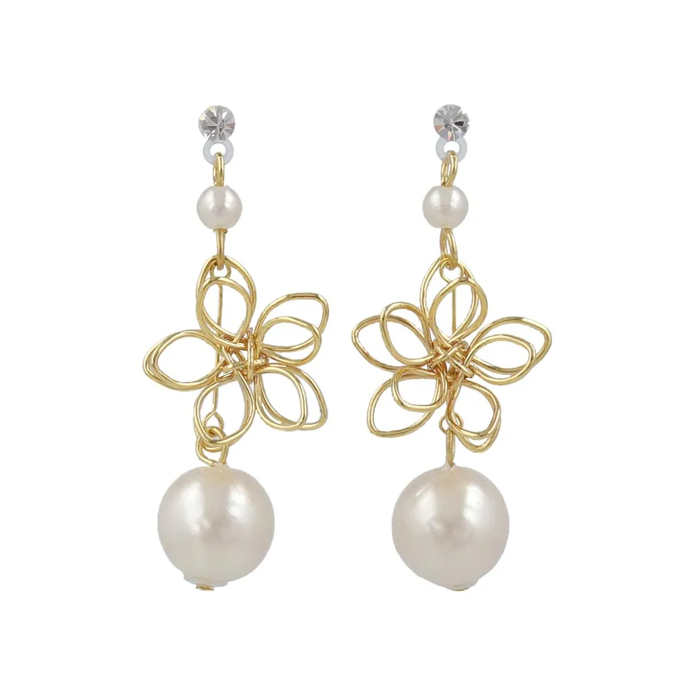 Flower and Pearl Drop Plastic Earrings