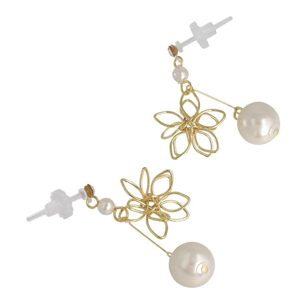 Flower and Pearl Drop Plastic Earrings