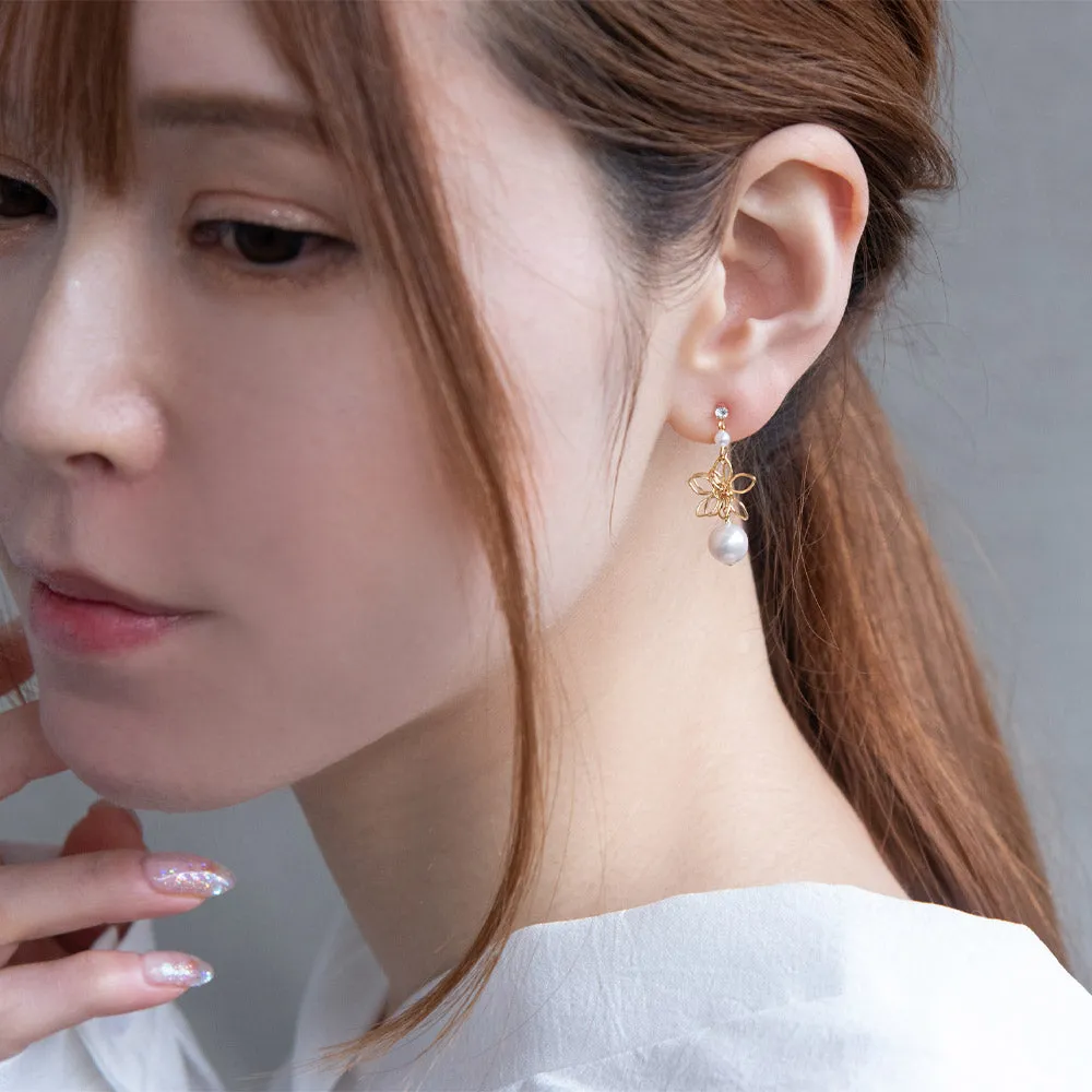 Flower and Pearl Drop Plastic Earrings