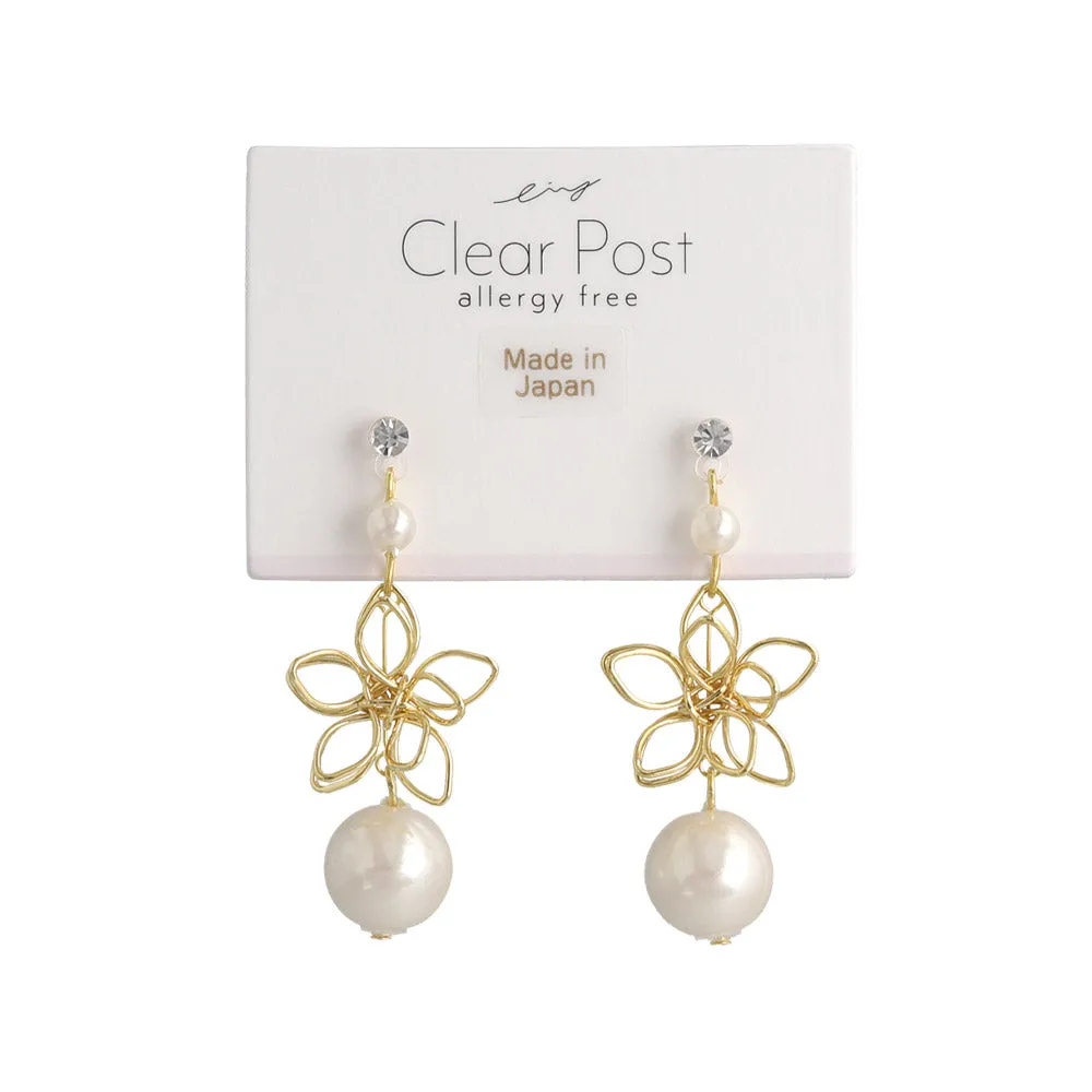 Flower and Pearl Drop Plastic Earrings