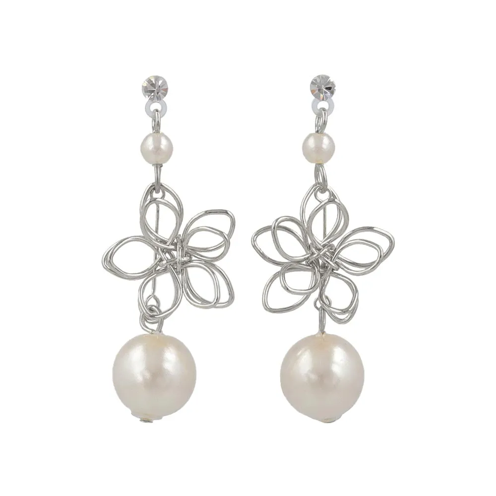 Flower and Pearl Drop Plastic Earrings