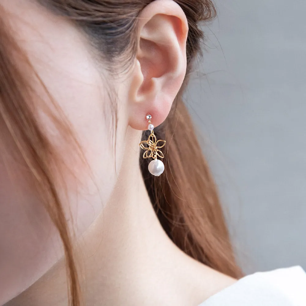 Flower and Pearl Drop Plastic Earrings