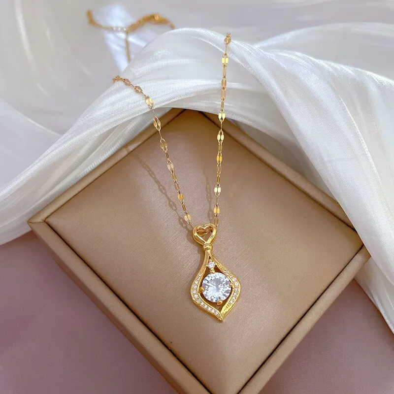 Gold Color Love Heart Waterdroplets Pendant Necklace For Women