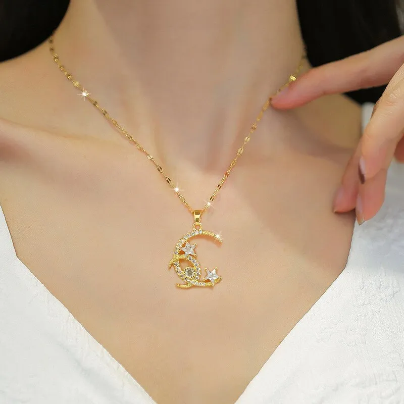 Gold Plated Multi Style Temperament Moon Star Flower Pendant Girl Necklace