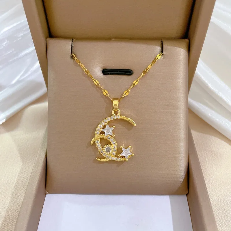 Gold Plated Multi Style Temperament Moon Star Flower Pendant Girl Necklace