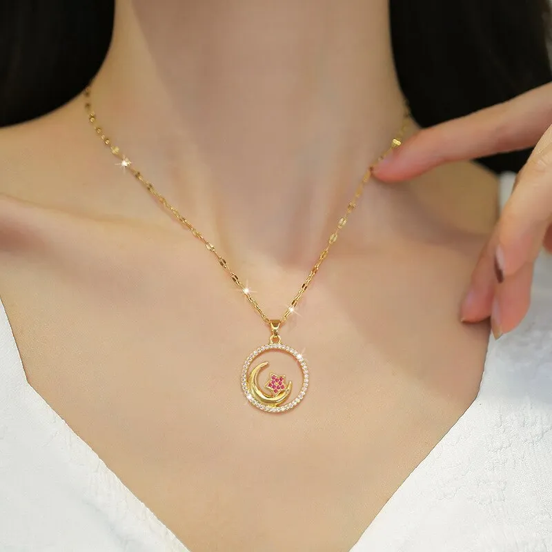 Gold Plated Multi Style Temperament Moon Star Flower Pendant Girl Necklace