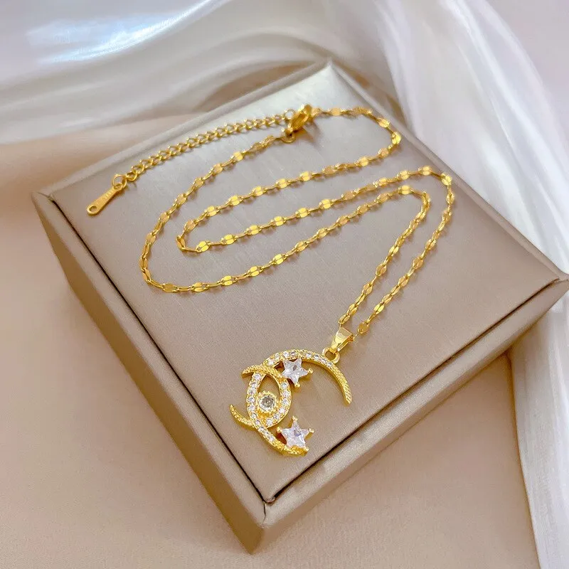 Gold Plated Multi Style Temperament Moon Star Flower Pendant Girl Necklace