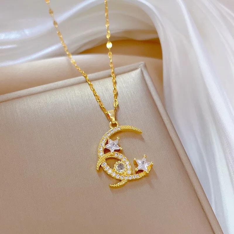 Gold Plated Multi Style Temperament Moon Star Flower Pendant Girl Necklace