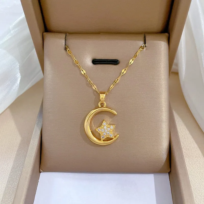 Gold Plated Multi Style Temperament Moon Star Flower Pendant Girl Necklace