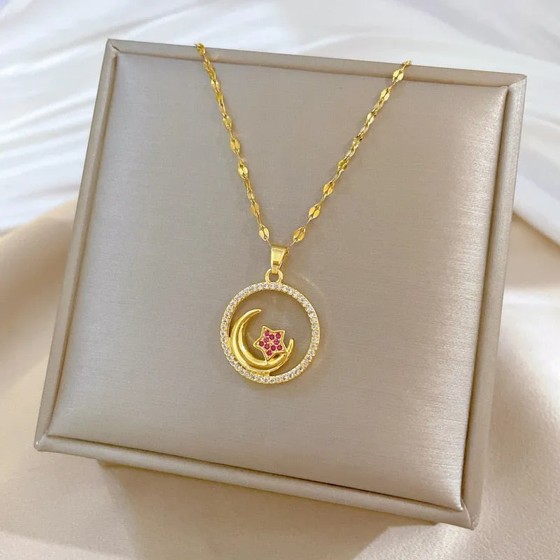 Gold Plated Multi Style Temperament Moon Star Flower Pendant Girl Necklace