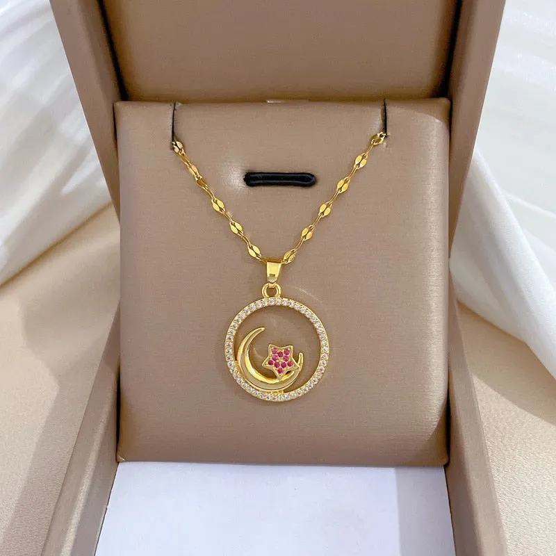 Gold Plated Multi Style Temperament Moon Star Flower Pendant Girl Necklace