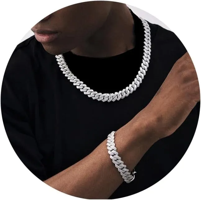 Gold Silver Cuban Link Chain and Bracelet for Men and Women - Diamond Necklace Iced Out Miami Cuban Hip Hop Jewelry