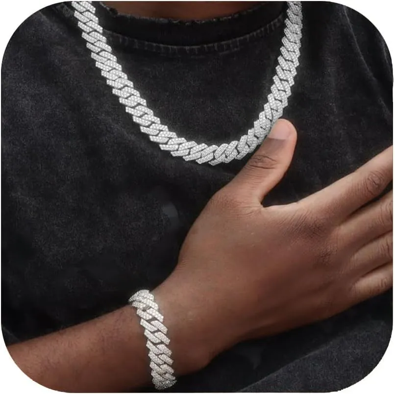 Gold Silver Cuban Link Chain and Bracelet for Men and Women - Diamond Necklace Iced Out Miami Cuban Hip Hop Jewelry