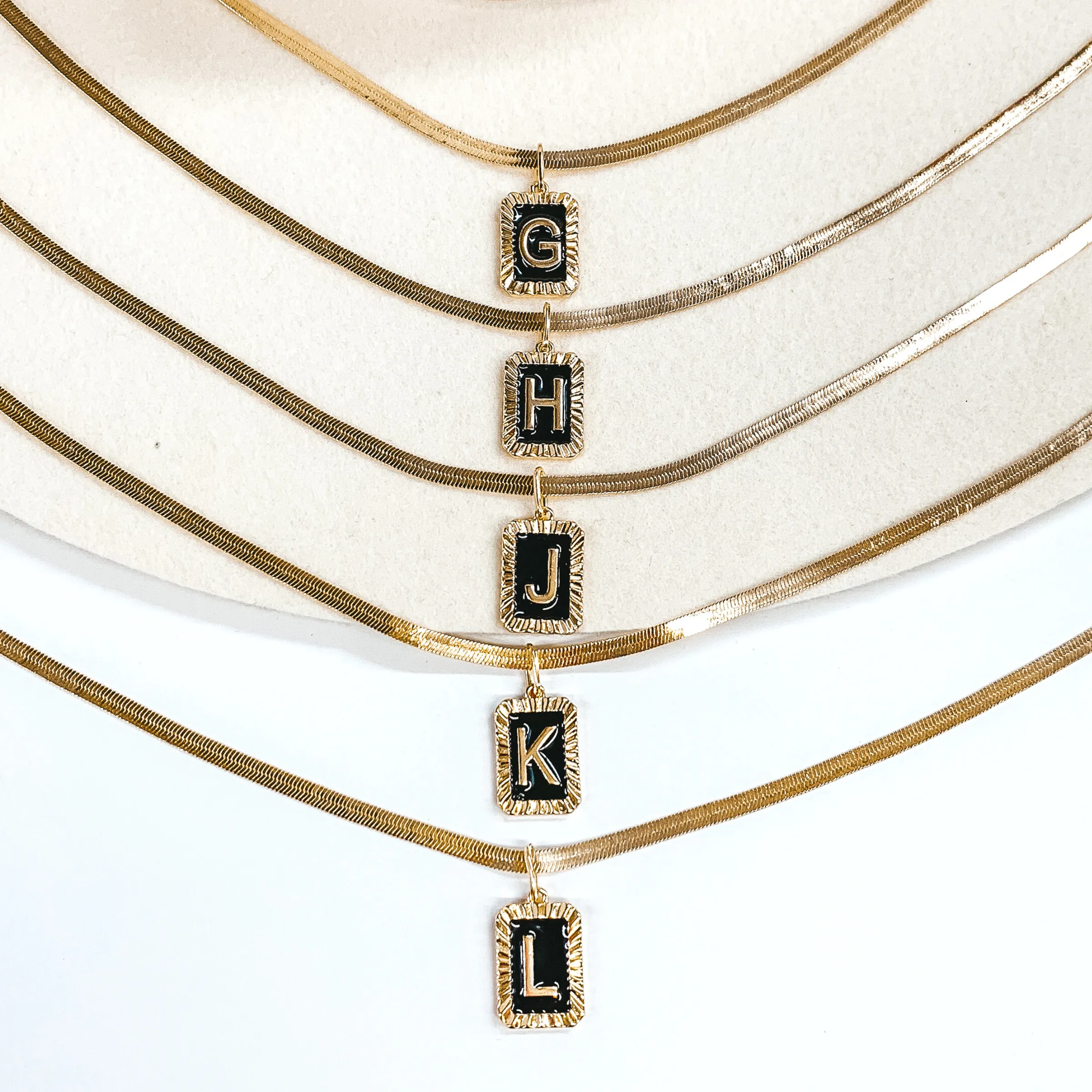 Gold Tone Herringbone Chain Necklace with Rectangle Initial Pendant in Black