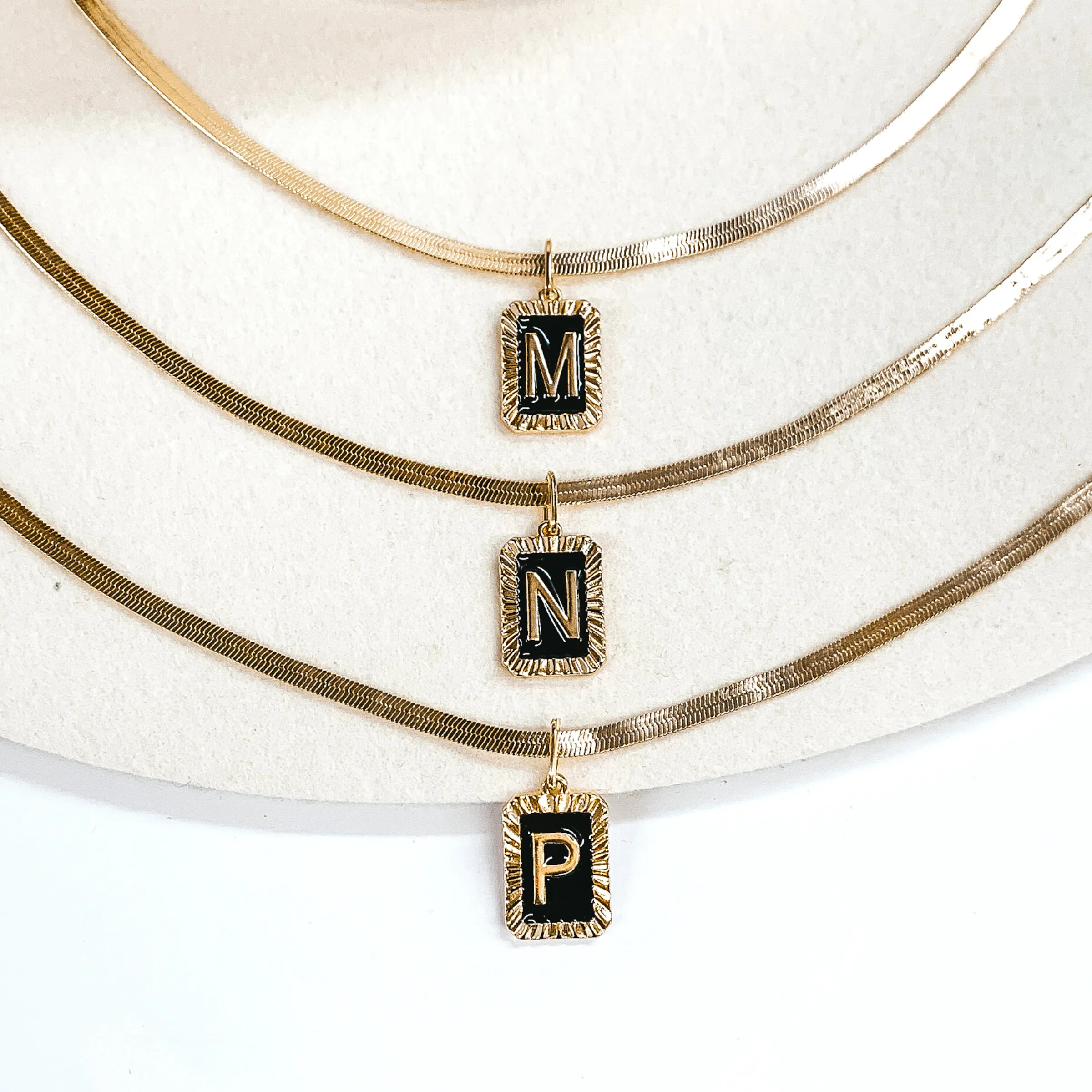 Gold Tone Herringbone Chain Necklace with Rectangle Initial Pendant in Black