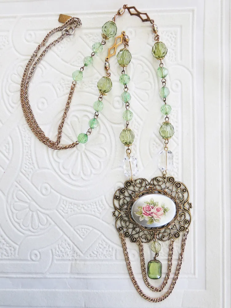 Hand Painted Roses With Swag Necklace