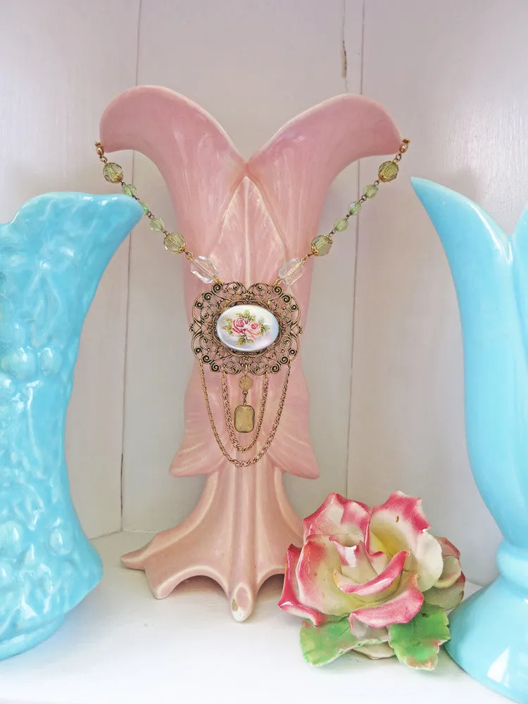 Hand Painted Roses With Swag Necklace