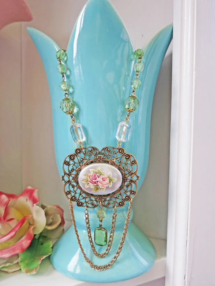 Hand Painted Roses With Swag Necklace