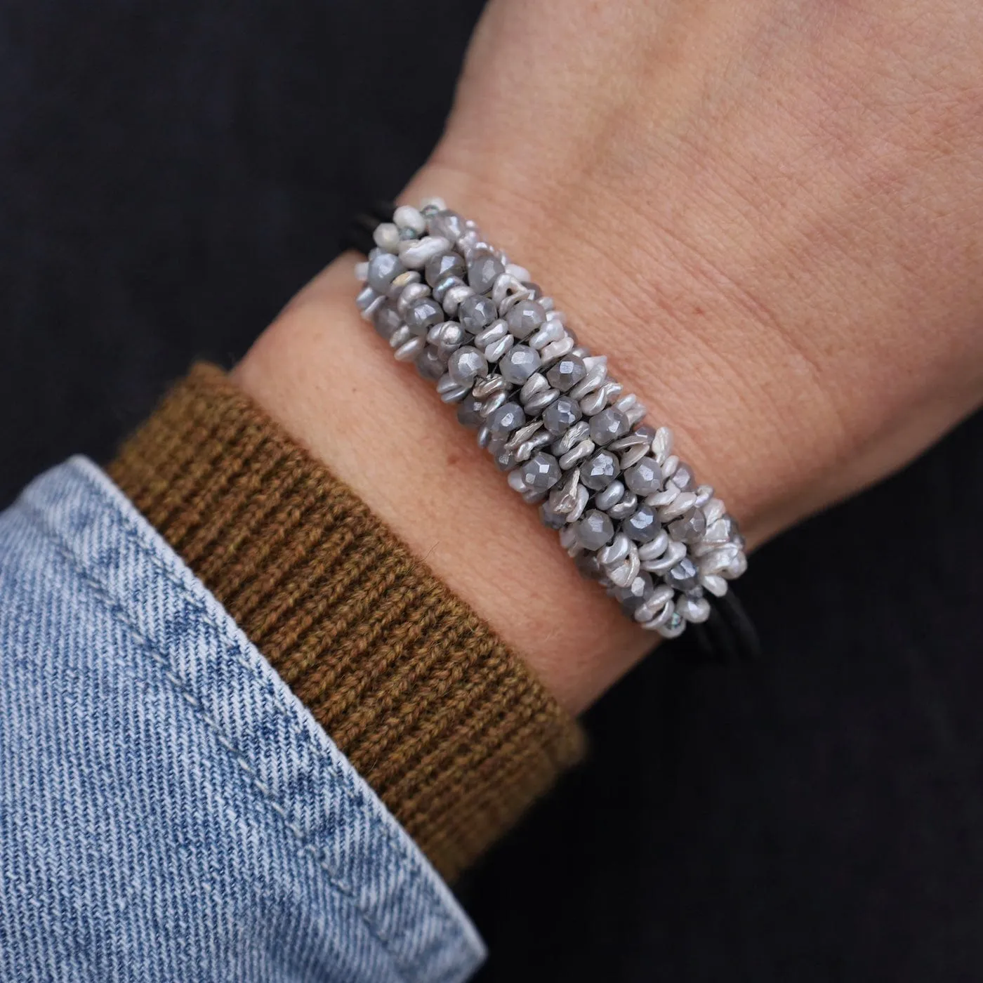 Hand Stitched Kishi Pearls & Mystic Grey Moonstone Black Leather Bracelet
