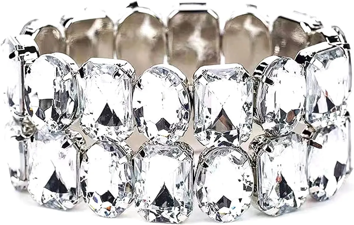 HSQYJ Retro Shining Big Crystal Rhinestone Chain Elasticity Stretch Bracelets Bohemian Charm Delicate Bangle Bracelet 20s Accessories Jewelry Wedding for Women Silver Plated