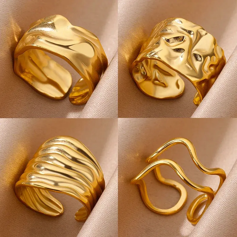 Irregular Stainless Steel Gold Plated Chunky Rings 4 Styles