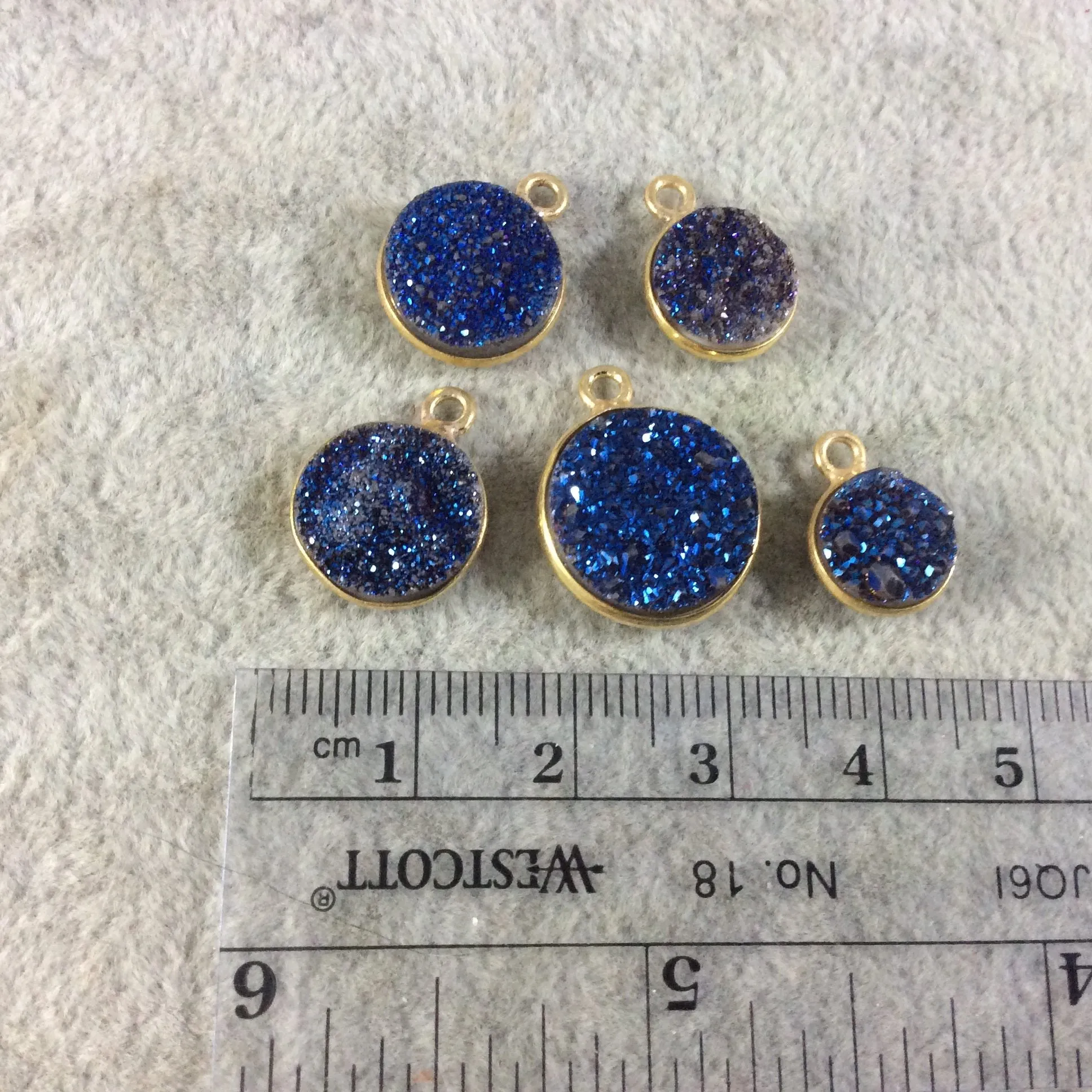 Jeweler's Lot Gold Finish Mixed Blue Round/Coin Shaped Natural Druzy Agate Bezel Pendants DB1  ~ 9mm - 15mm Long - Sold In Lot Of 5 As Shown