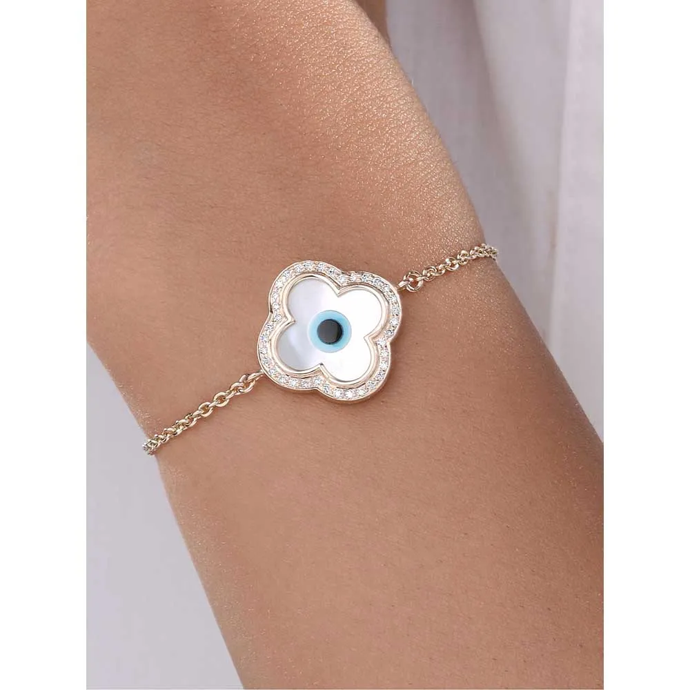 Kaj Fine Jewellery Small Clover Evil Eye Diamond Chain Bracelet in 14KT Yellow Gold
