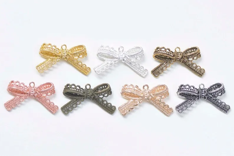 Lace Edge Bow Tie Knot Connectors Pendants Charms 23x43mm Bronze/Silver/Gold