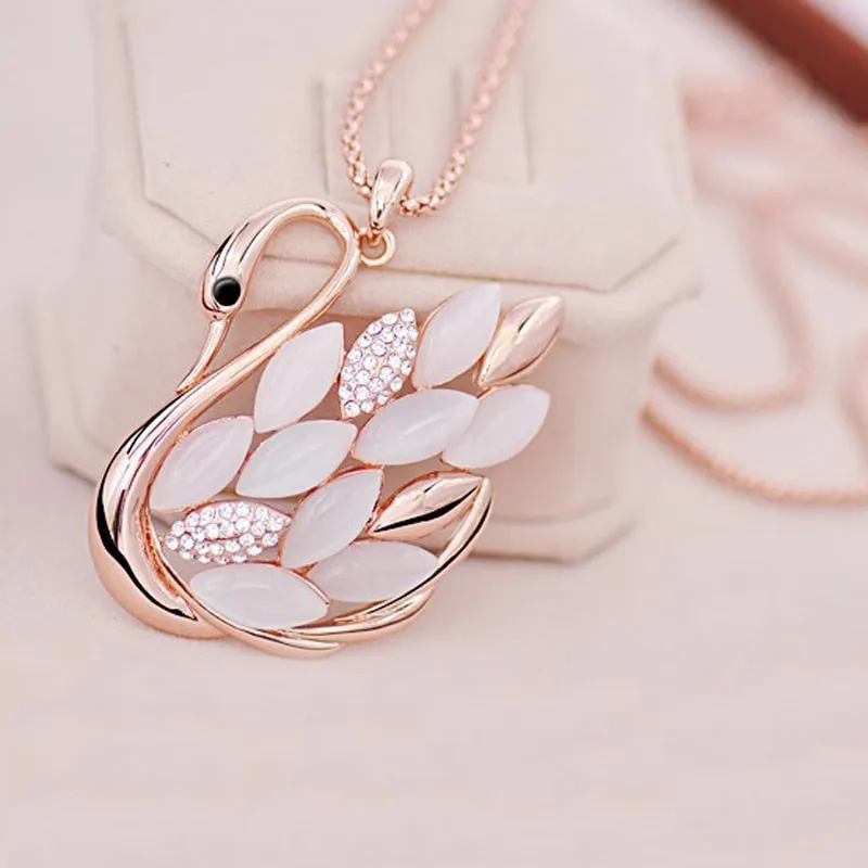 LNRRABC Fashion  Women Charming Gold Color Rhinestones Opal Swan Pendants Necklace Sweater Chain Jewelry Xmas Gift