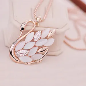 LNRRABC Fashion  Women Charming Gold Color Rhinestones Opal Swan Pendants Necklace Sweater Chain Jewelry Xmas Gift