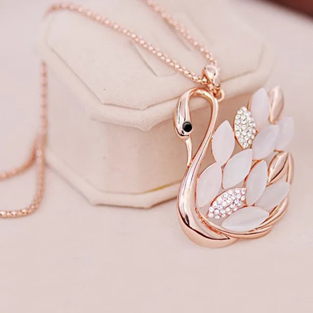 LNRRABC Fashion  Women Charming Gold Color Rhinestones Opal Swan Pendants Necklace Sweater Chain Jewelry Xmas Gift