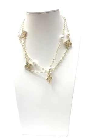 Long Gold Chain with Alternating Gold Clovers and Pearls Necklace