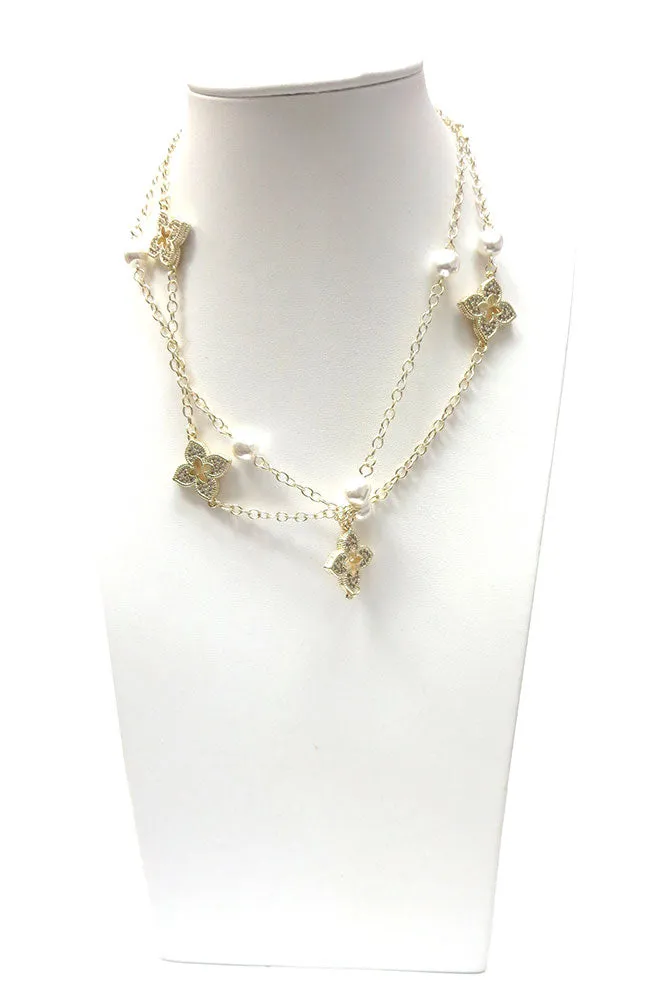 Long Gold Chain with Alternating Gold Clovers and Pearls Necklace