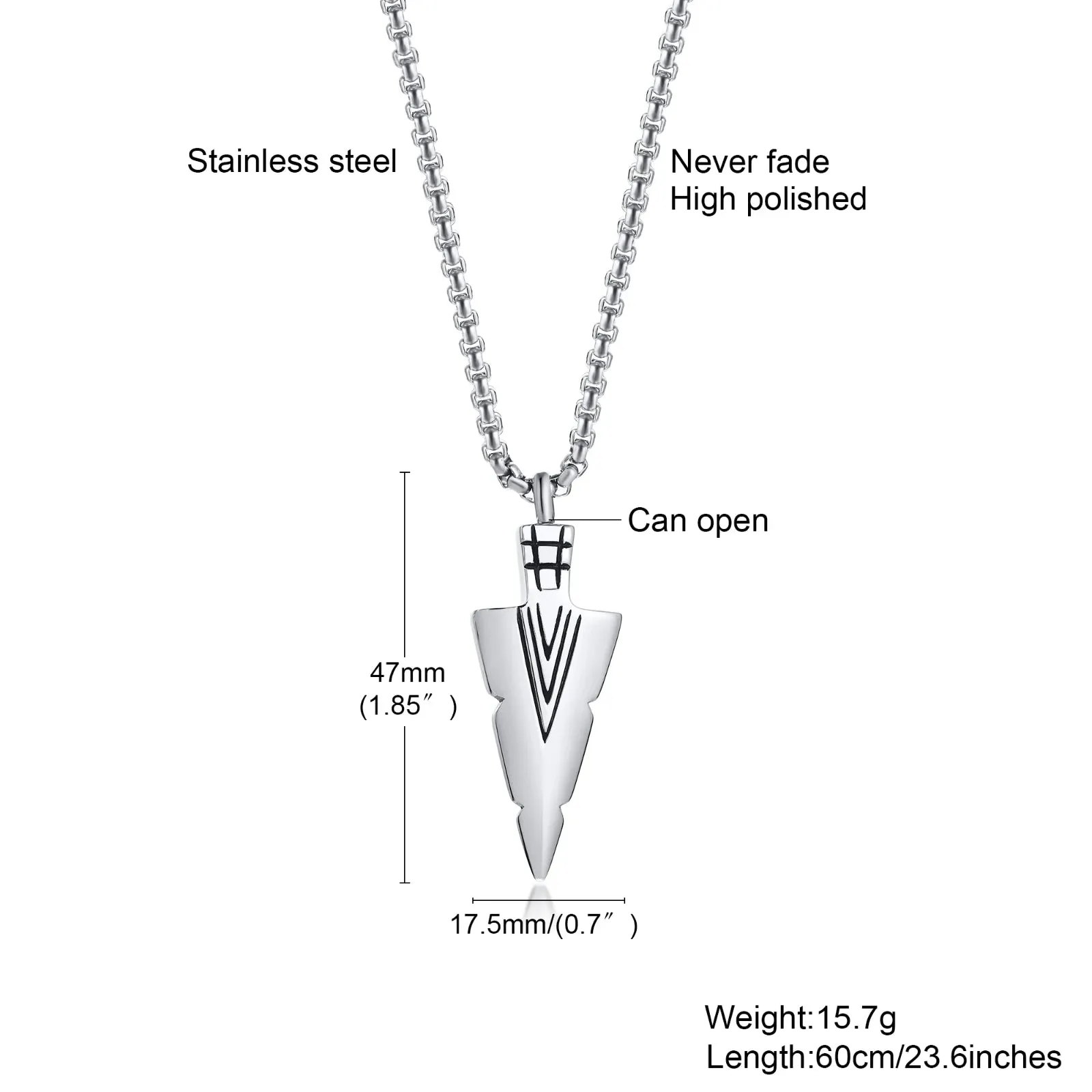 Mens Cremation Urn Necklace for Ashes,Stainless Steel Tribal  Arrowhead Memorial Pendant
