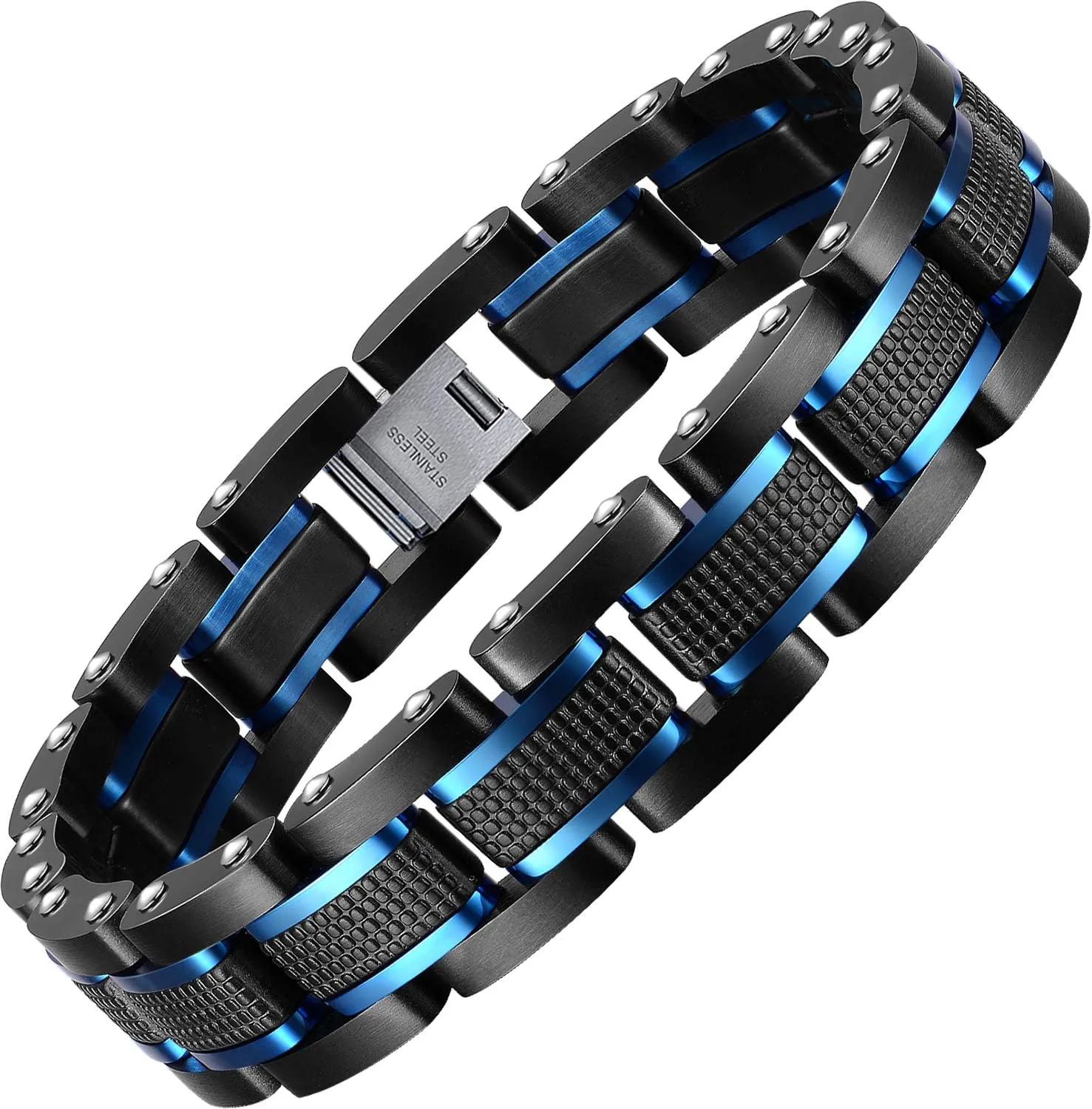 Men's Stainless Steel Two-Tone Square Link diamond Bracelet in Black & Blue Ion-Plated Black
