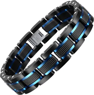 Men's Stainless Steel Two-Tone Square Link diamond Bracelet in Black & Blue Ion-Plated Black