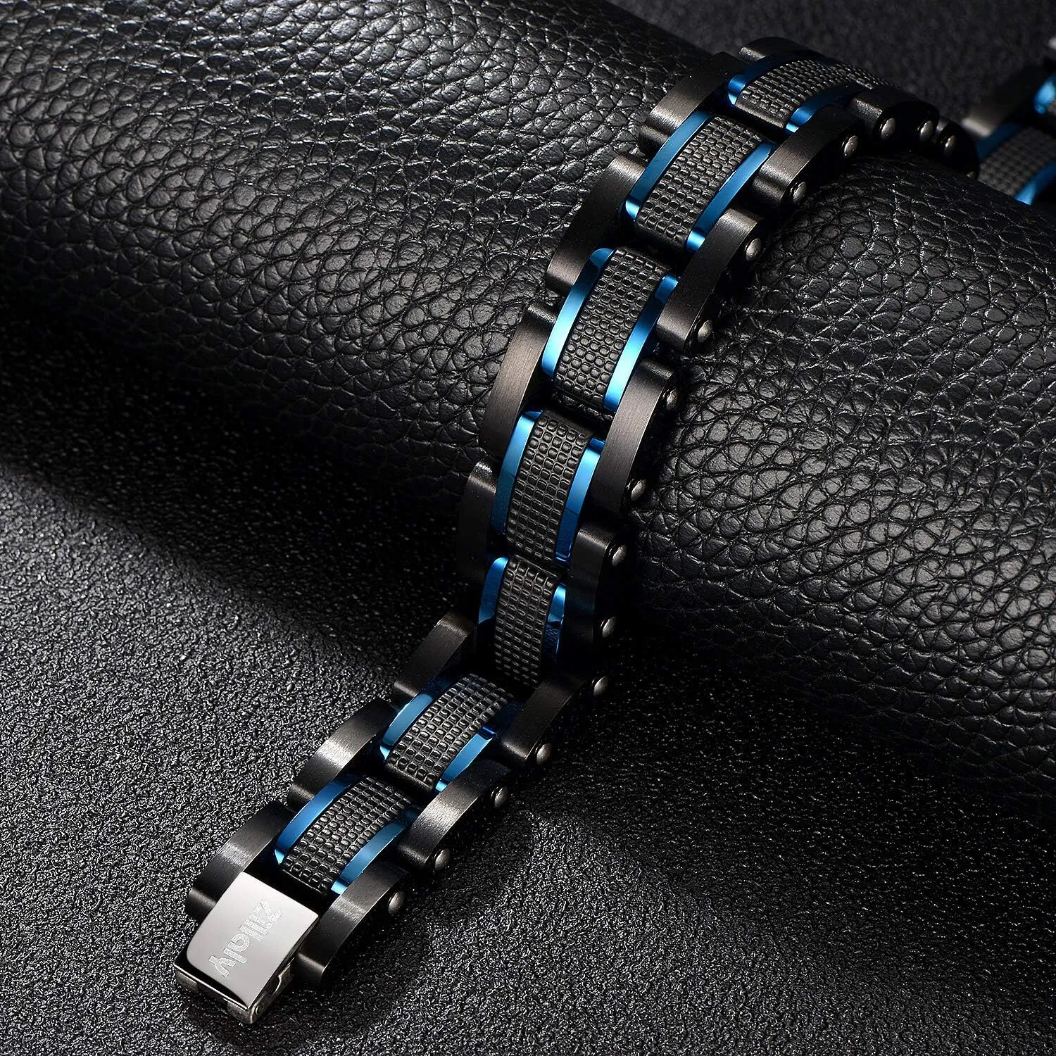 Men's Stainless Steel Two-Tone Square Link diamond Bracelet in Black & Blue Ion-Plated Black