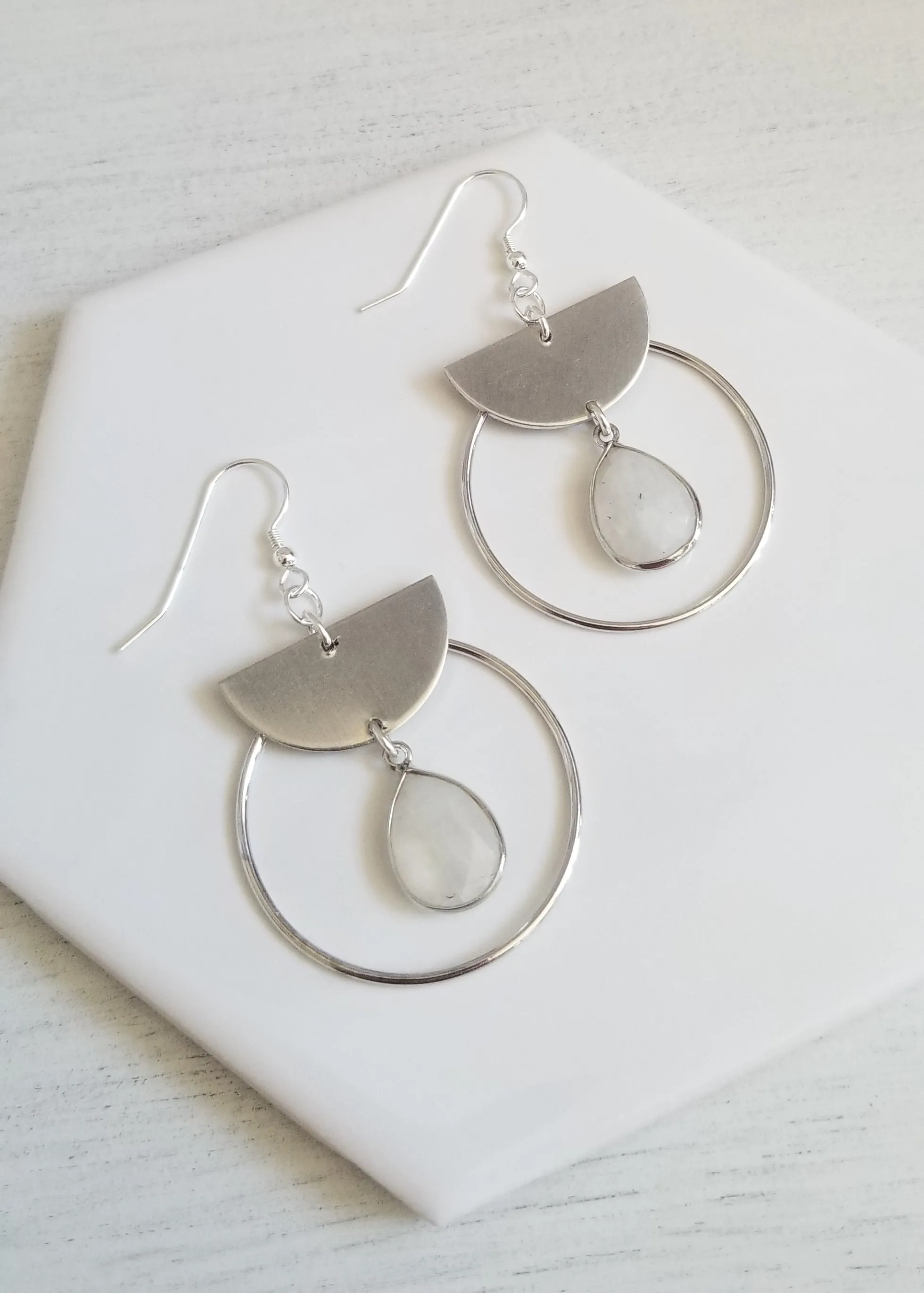 Modern Moonstone Hoop Earrings, Geometric Earrings
