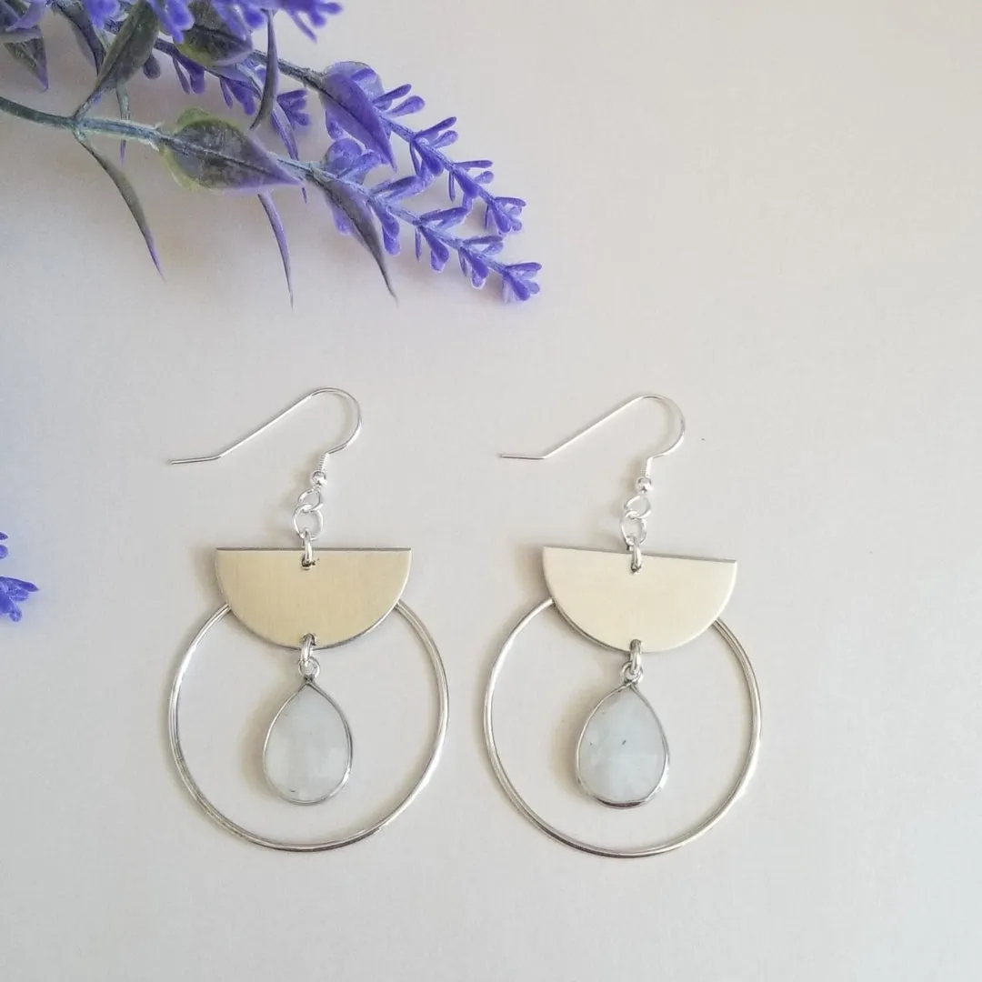 Modern Moonstone Hoop Earrings, Geometric Earrings