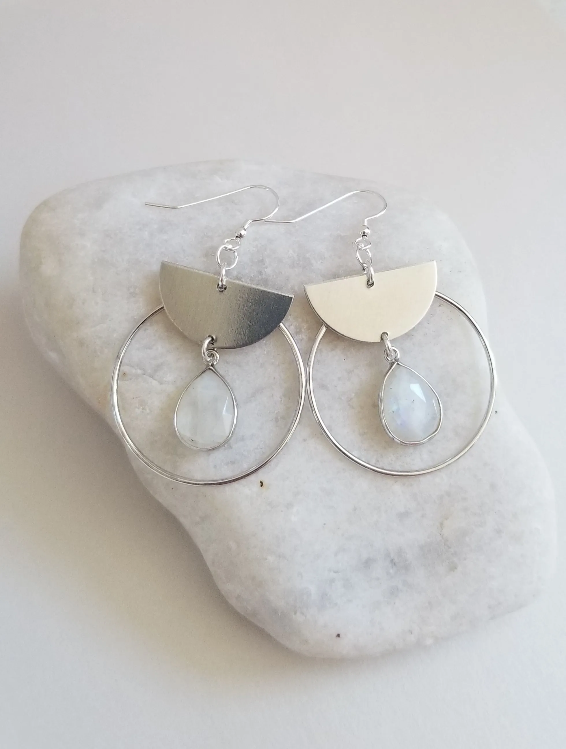 Modern Moonstone Hoop Earrings, Geometric Earrings