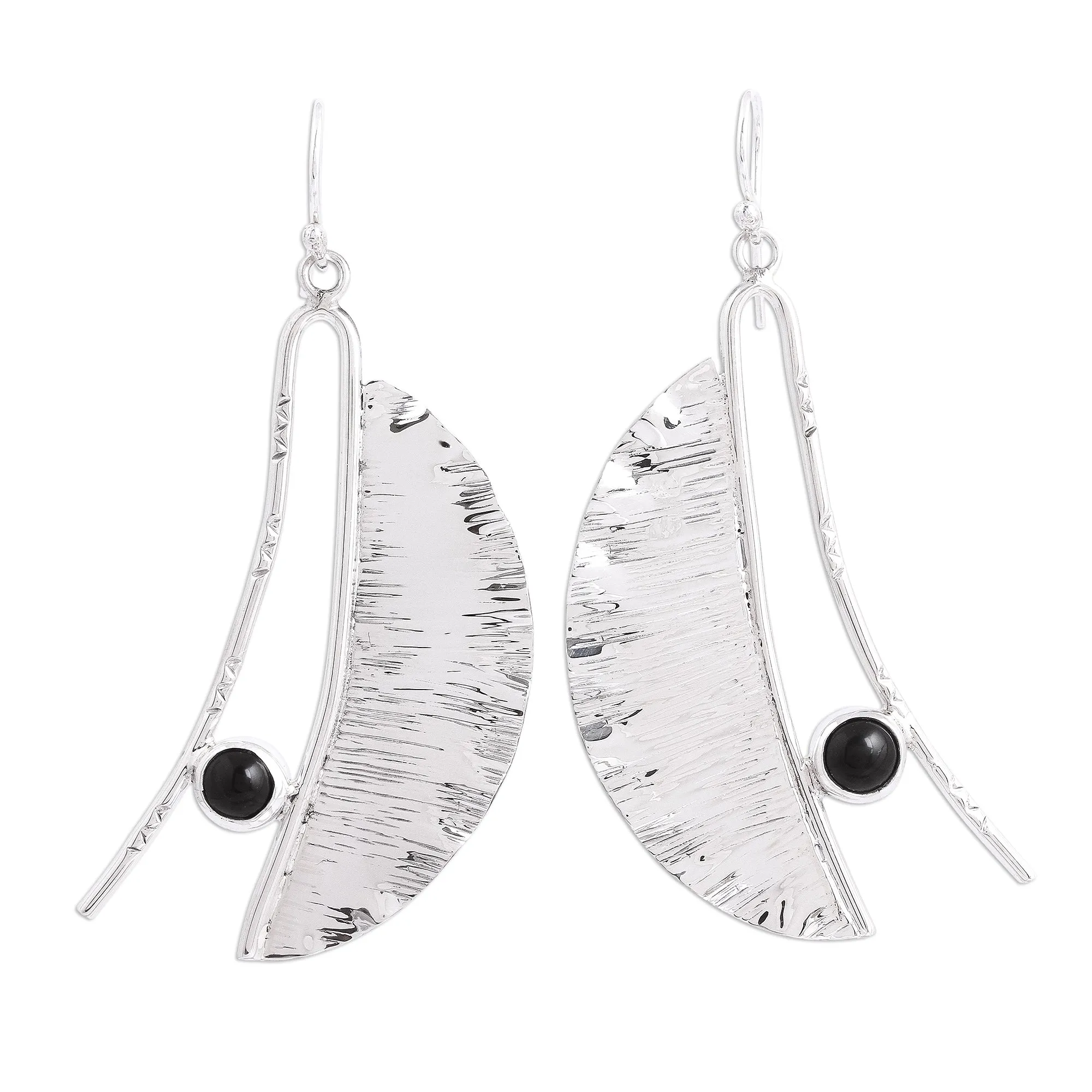 Modern Windy Leaves Modern Taxco Obsidian Dangle Earrings from Mexico