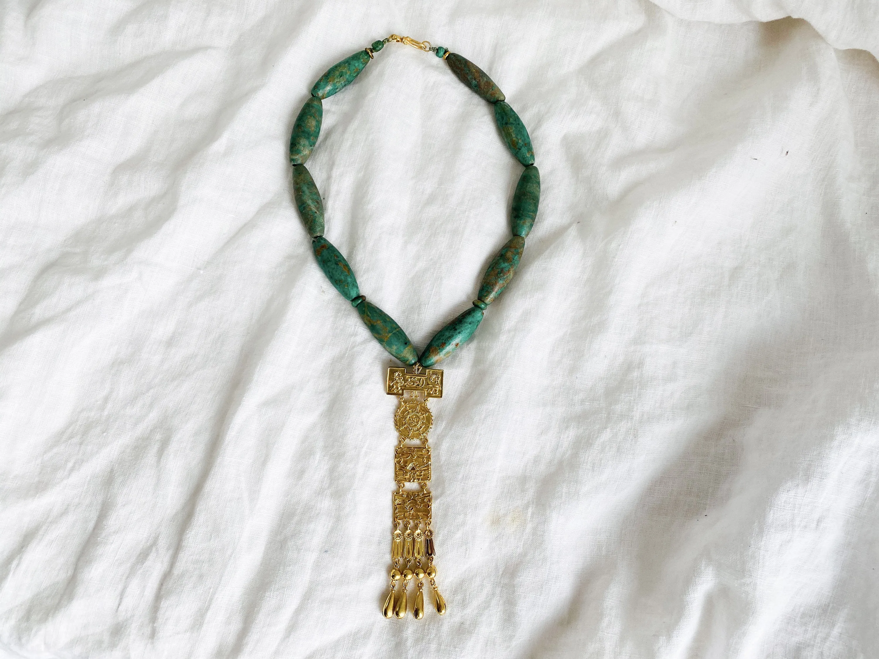 Monte Alban Pendant on Guatemalita Necklace. Gold Plated Silver. Mexico. Frida Kahlo