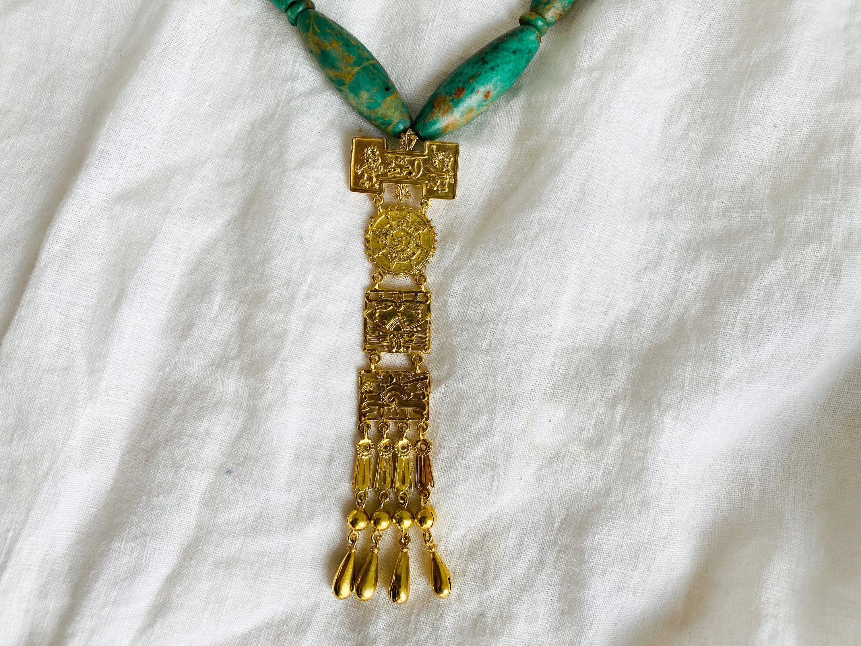 Monte Alban Pendant on Guatemalita Necklace. Gold Plated Silver. Mexico. Frida Kahlo