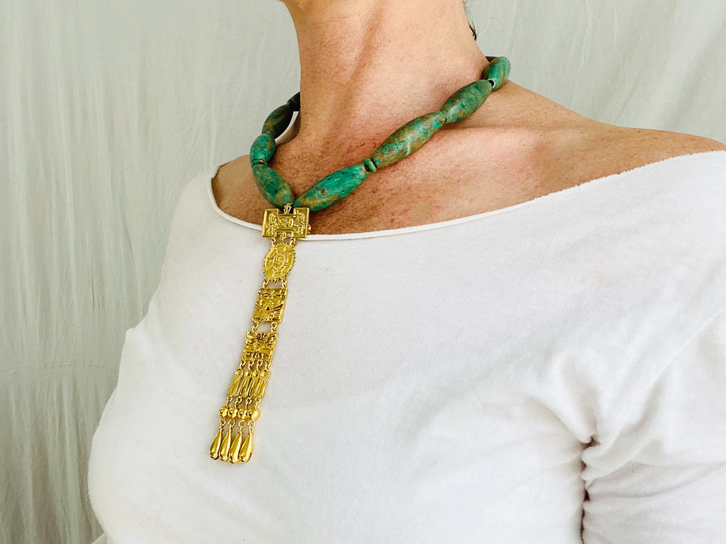 Monte Alban Pendant on Guatemalita Necklace. Gold Plated Silver. Mexico. Frida Kahlo