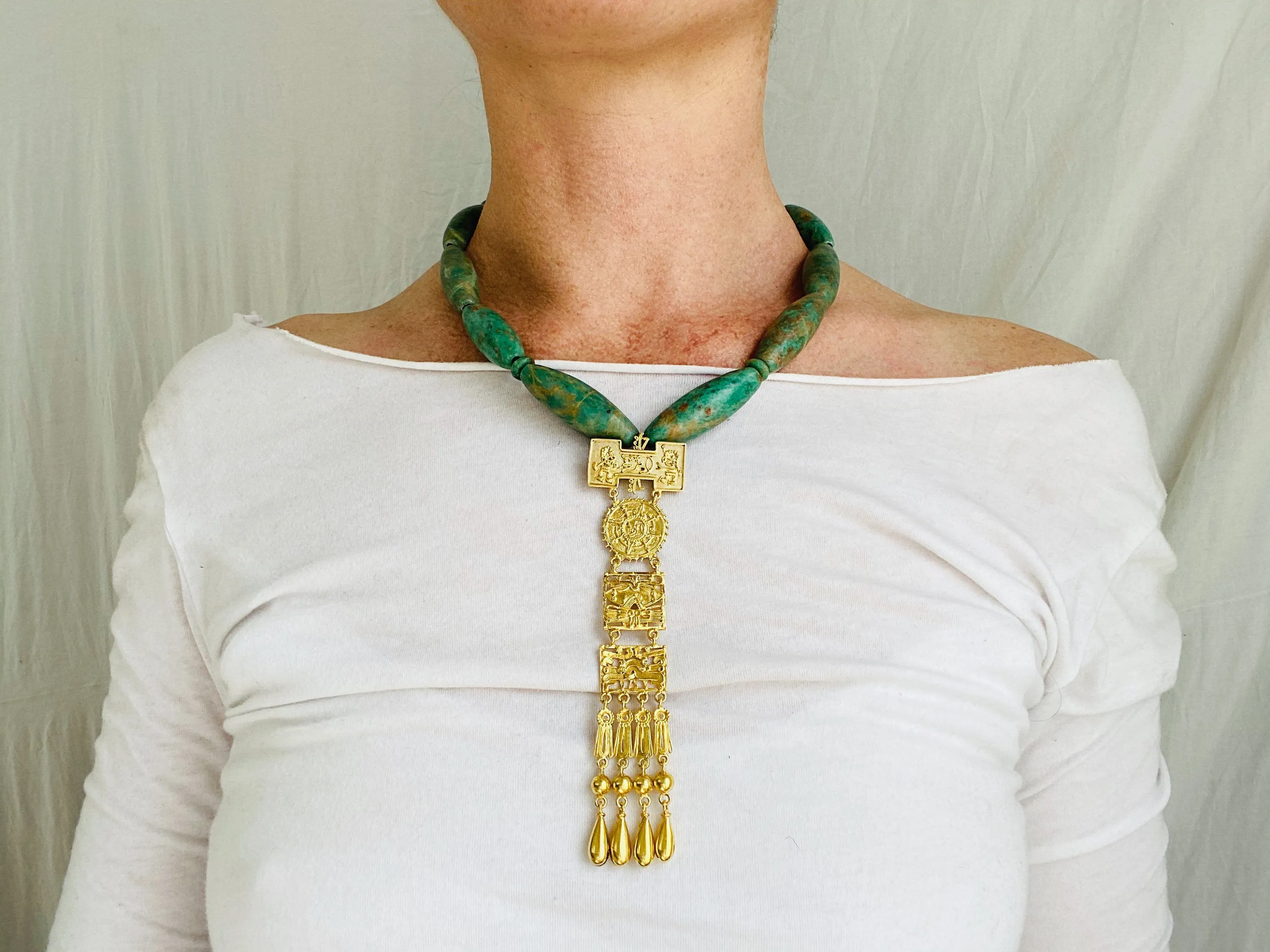 Monte Alban Pendant on Guatemalita Necklace. Gold Plated Silver. Mexico. Frida Kahlo