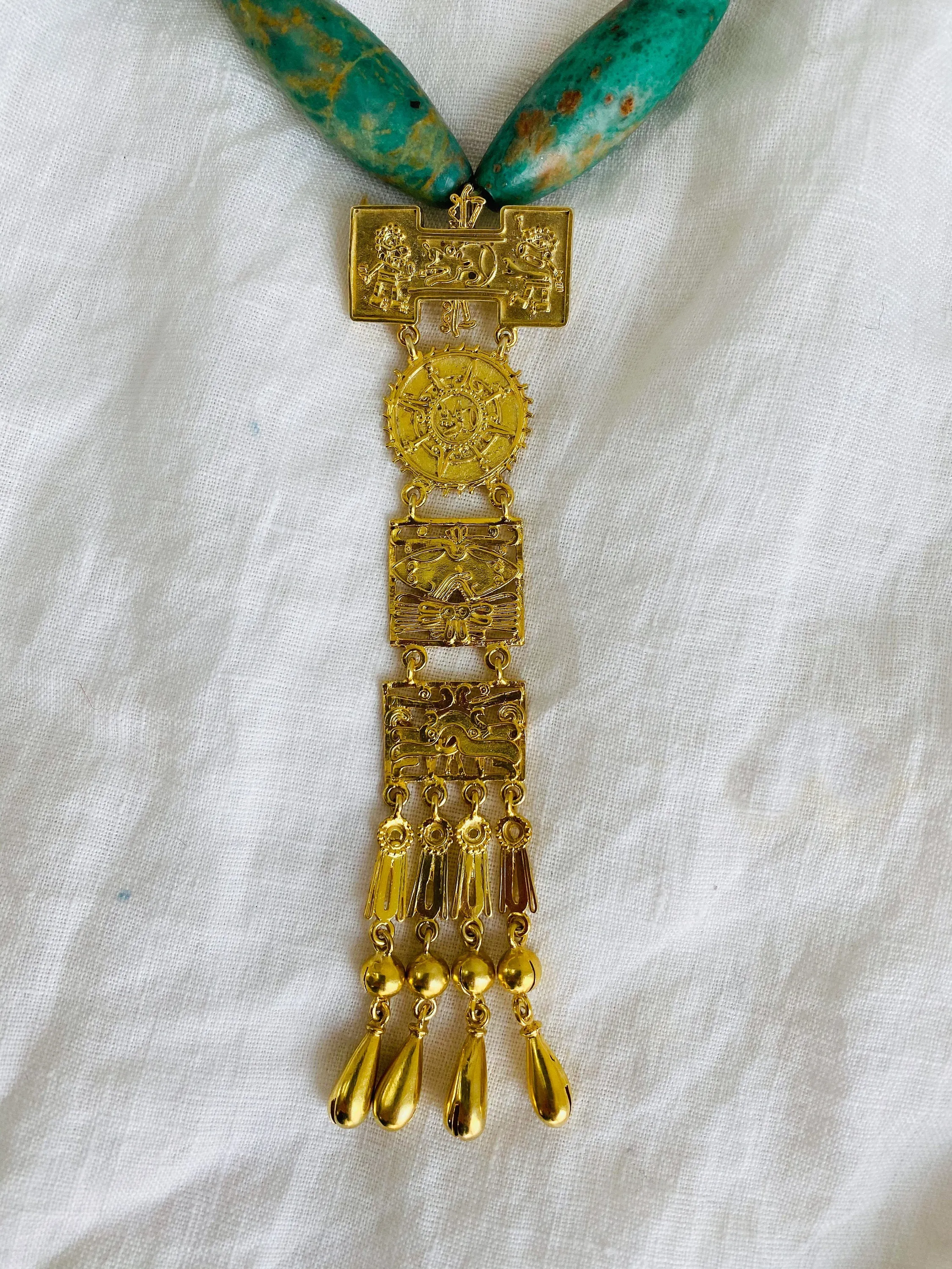 Monte Alban Pendant on Guatemalita Necklace. Gold Plated Silver. Mexico. Frida Kahlo