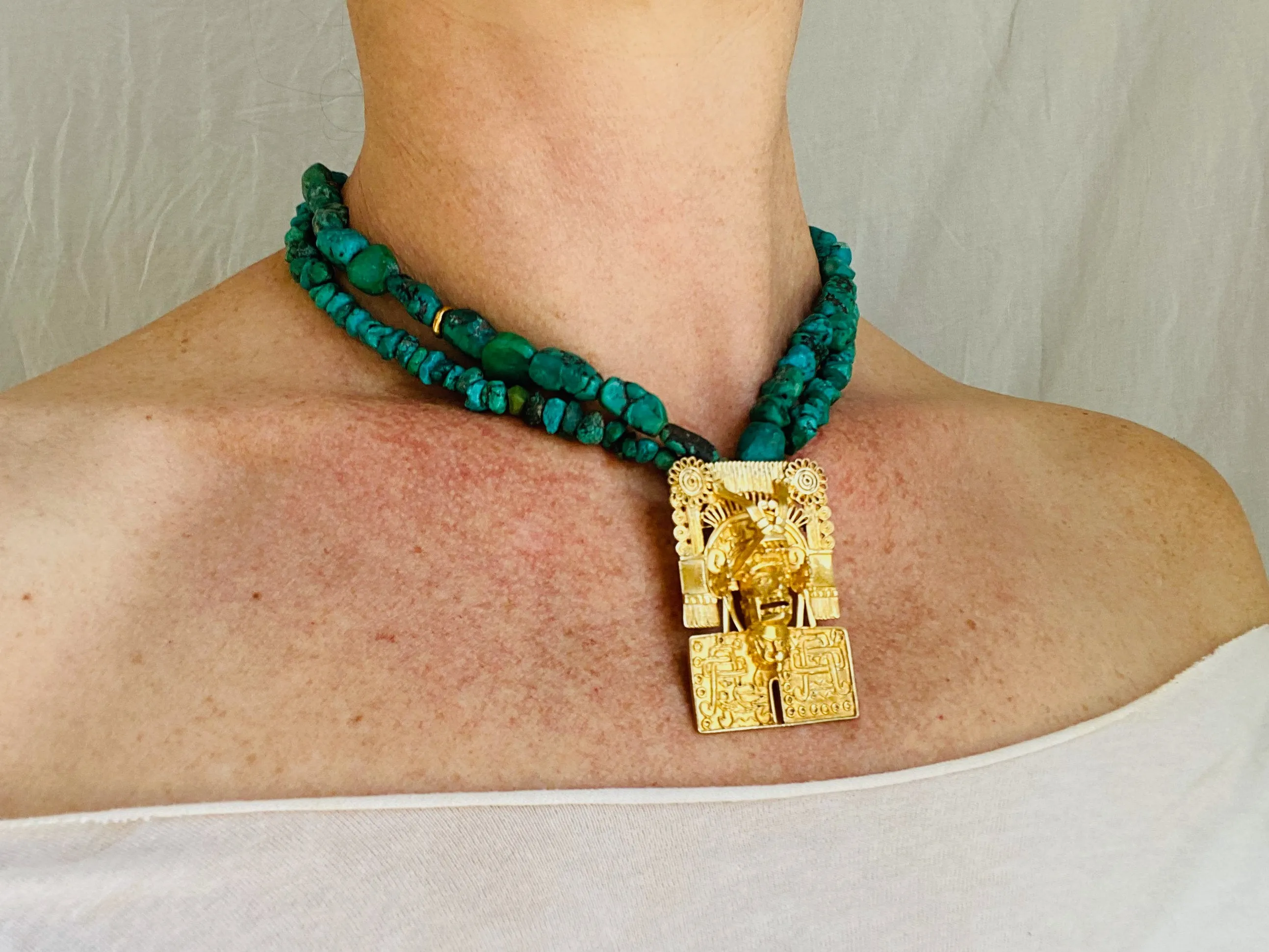 Monte Alban Pendant on Turquoise Necklace. Gold Plated Silver. Mexico. Frida Kahlo