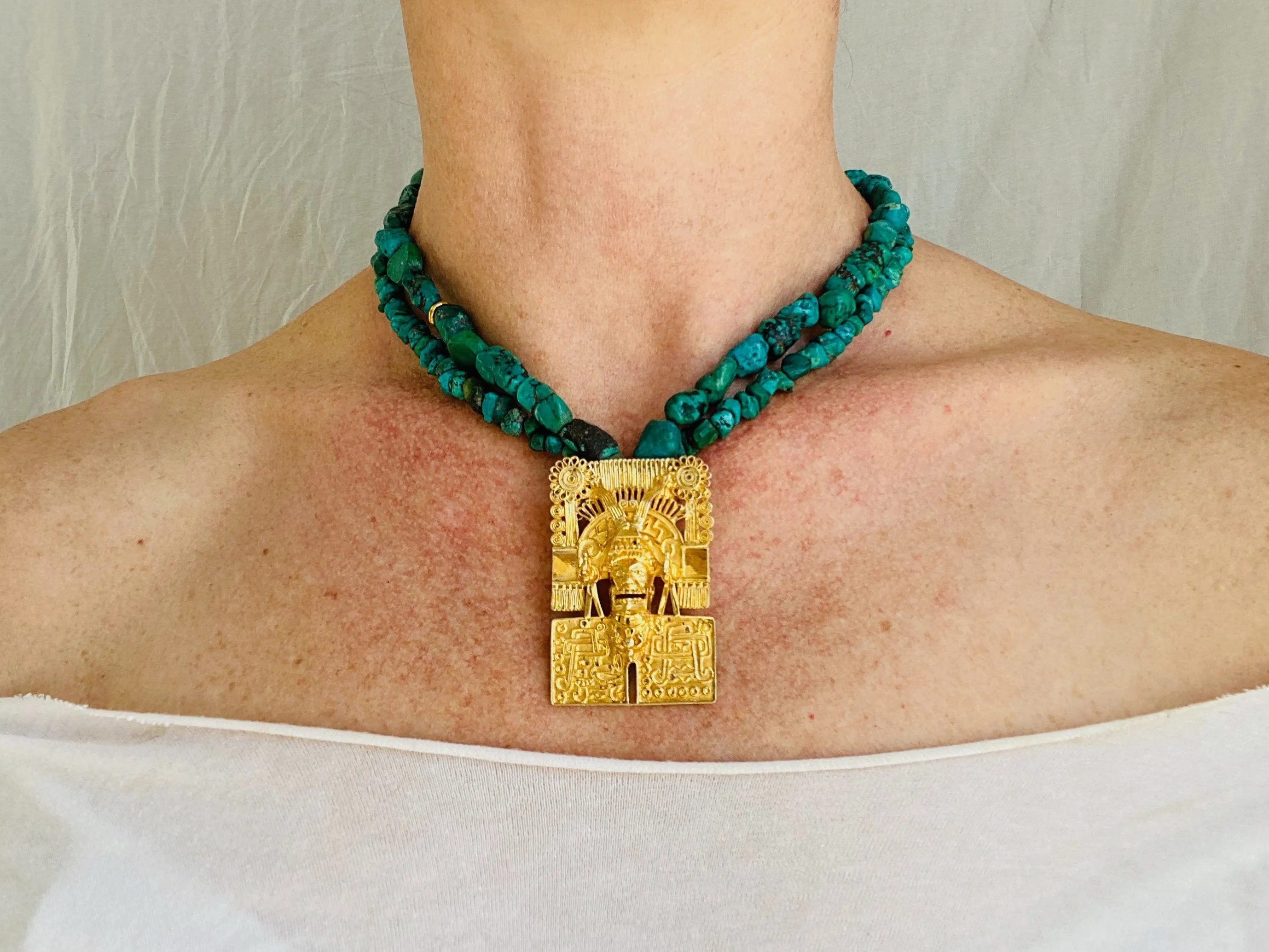 Monte Alban Pendant on Turquoise Necklace. Gold Plated Silver. Mexico. Frida Kahlo