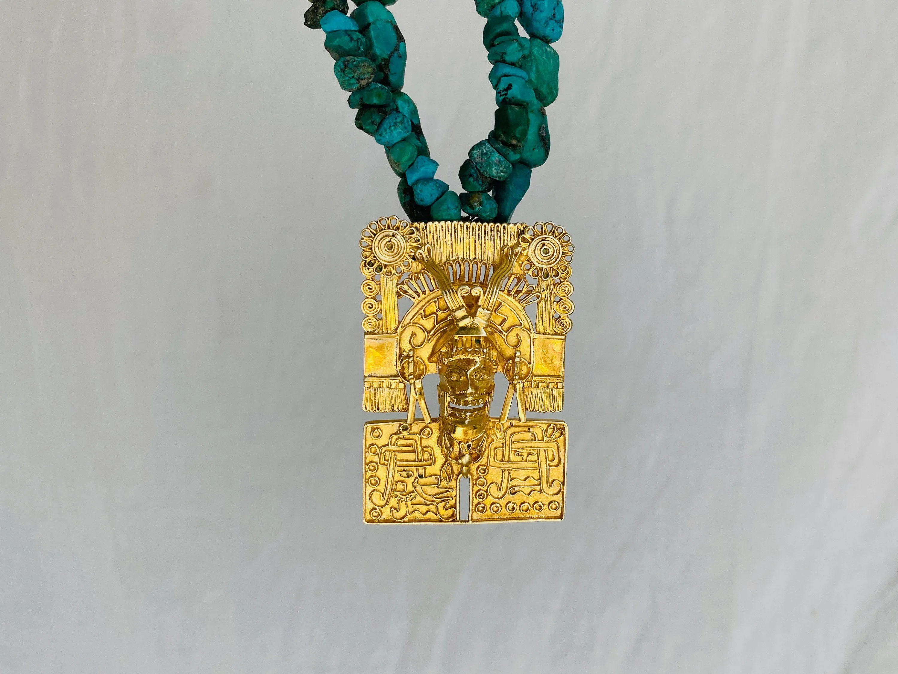 Monte Alban Pendant on Turquoise Necklace. Gold Plated Silver. Mexico. Frida Kahlo