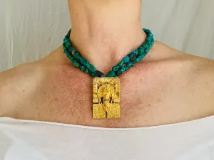 Monte Alban Pendant on Turquoise Necklace. Gold Plated Silver. Mexico. Frida Kahlo